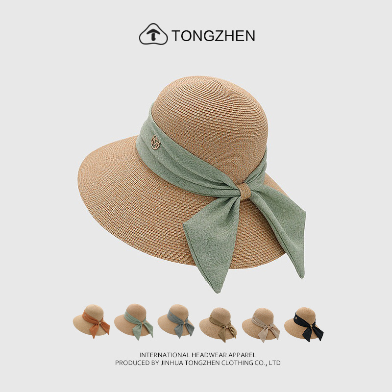 Straw Hat Women's Spring and Summer Courtesy All-match Big Brim Sunscreen Sunshade Hat Fashion M Letter Ribbon Sun Hat Beach Hat