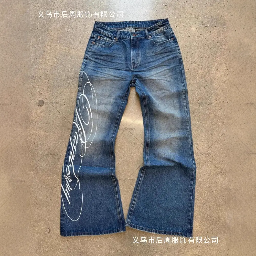 Cross-Border Street 2025 Fashion High Street Retro Harajuku Blue Printed Jeans Y2K Straight-Leg Jeans