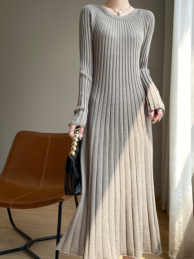 Solid Color Inner Thread Knitted dress Long Past Winter Wear Tight Waist Slimming Crewneck Base Shirt Sweater Skirt