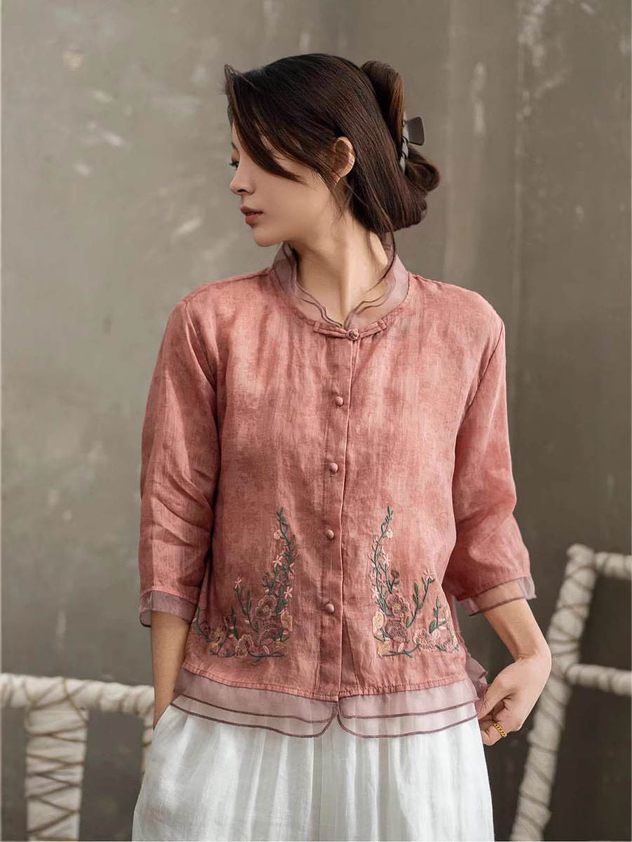 2026 Spring New Heavy Embroidery Zen Style Shirt with Stand Collar, Slim Fit, Fully Edged, Elegant and Versatile Women's Shirt