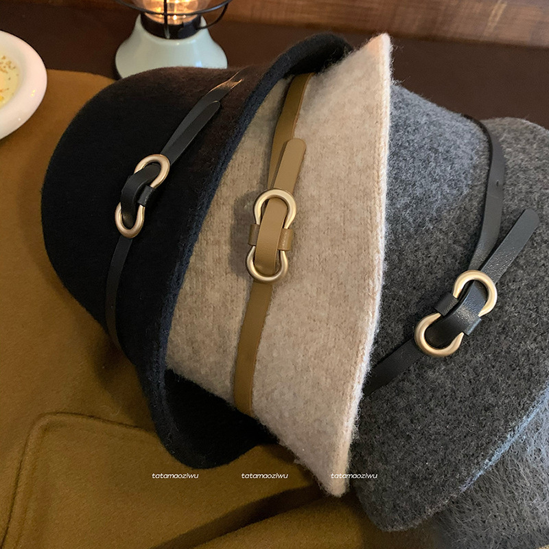 Belt Buckle Wool Hat Women's Autumn and Winter Simple Japanese Style Style Small Brim Top Hat Fisherman Hat Showing Face Small Dome Basin Hat