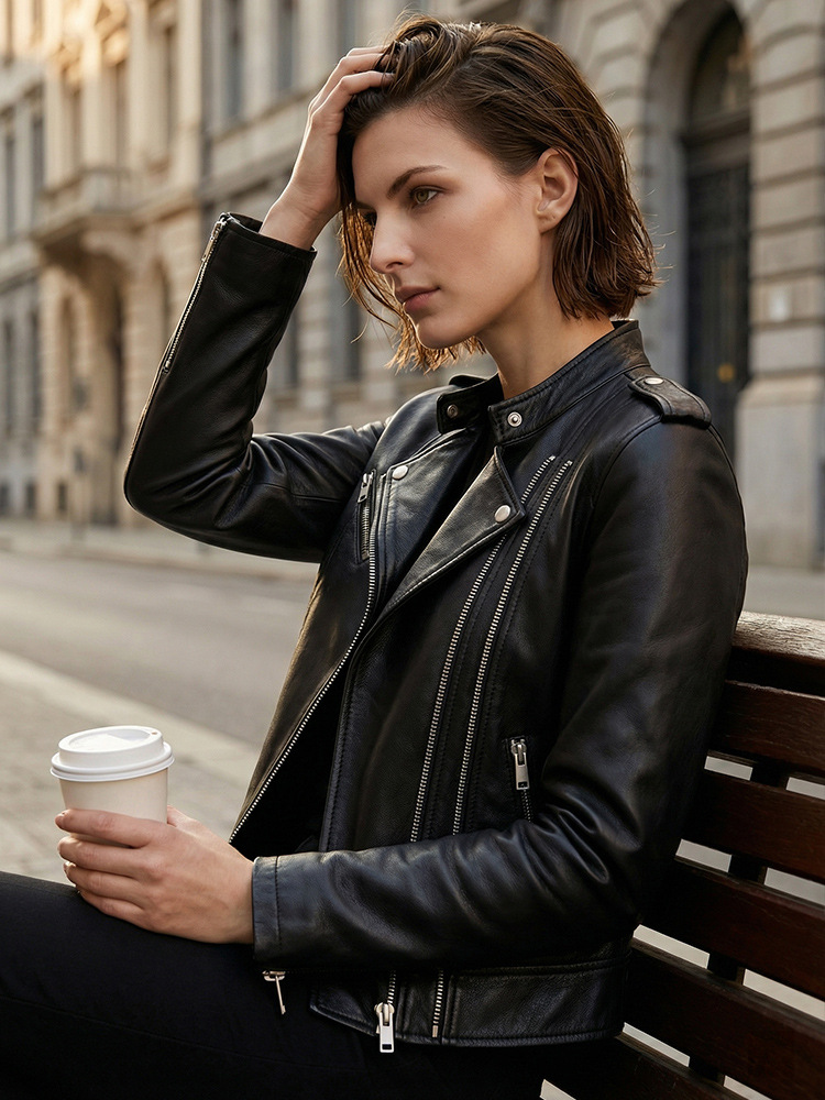 Black Motorcycle Leather Jacket, Short Style, Smooth Sheepskin, Spring and Autumn, Diagonal Zipper, Slim Fit Leather Coat, Genuine Sheepskin, Haining
