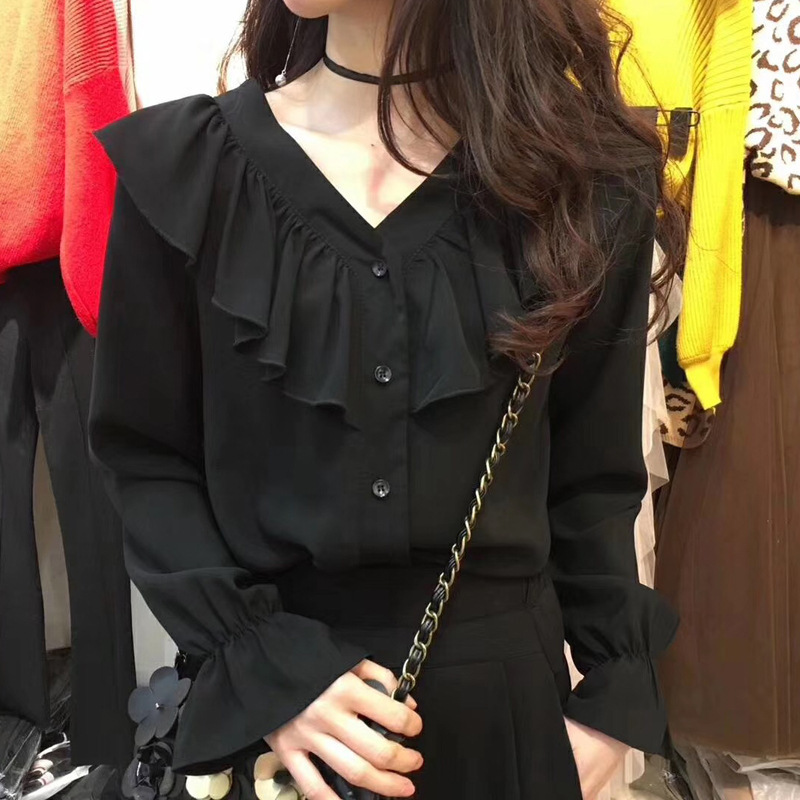 1688 Autumn New Style Belly Covering Chiffon Shirt Women's Zodiac Year Western Style Ruffled Top Super Fairy V-Neck Shirt