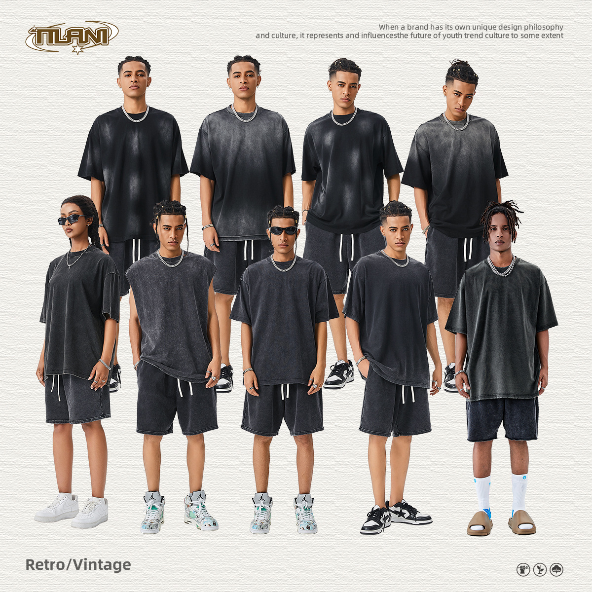 TILANI Men's Summer Pure Cotton Loosening Fashionbrand Short-sleeved Shorts Men's T-shirt Teenagers Wash Water Old T-shirt