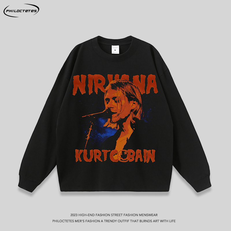 European and American retro high street rap portrait printing heavy distressed washed long-sleeved T-shirt men and women hip hop fashion brand cross-border t