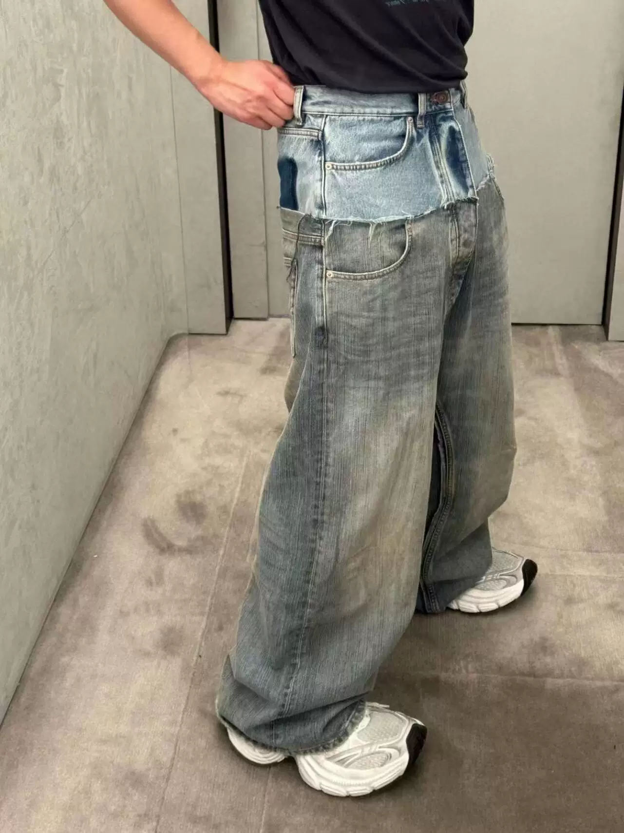 B家 24SS 双层双腰拼接牛仔裤巴黎风格复古水洗baggy猫须长裤男潮