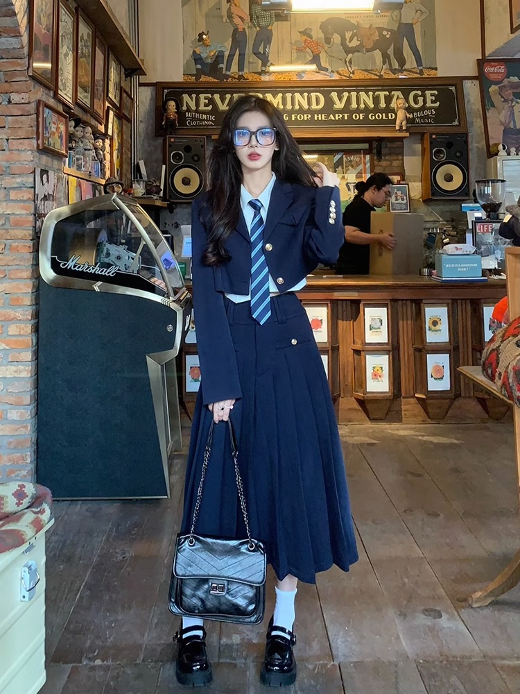 Korean Department College Style suit Summer JK Uniform Fashion Suit Jacket Shirt Mid-length Skirt Slim Pleated Skirt Three Pieces
