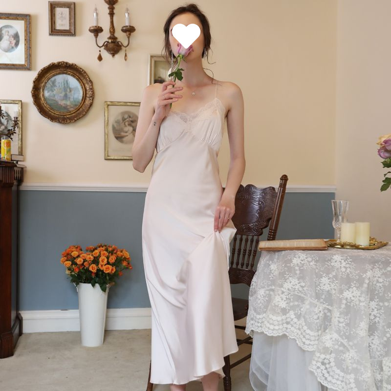 High-grade Ice Silk Long Nightgown Women's Summer French Style Retro Thin Imitation Silk Slip Skirt Nightgown suit Spring and Autumn