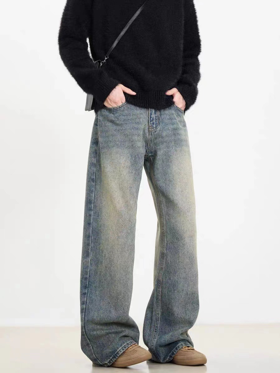 American Style Vintage Washed Old vintage Micro-Lar Jeans Men's and Women's Loose Slimming Straight Long Pants Trendy Brand