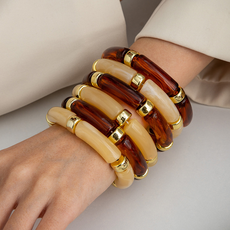 European and American Cross-Border Vintage Curved Tube Marble Pattern Beaded Stacking Bracelet Set for Women, Minimalist Style Geometric Bracelet