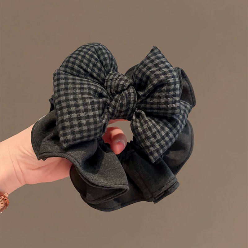 Black and Gray Plaid Bow Hair Tie, Korean High-End Hair Accessory, 2025 New Style, Textured Fabric Scrunchie Hair Tie for Women