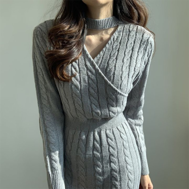 Korean chic Distinctive All-match Round Neck Hemp Pattern Front and Rear Wear Design Caution Machine Split Sweater Dress for Women