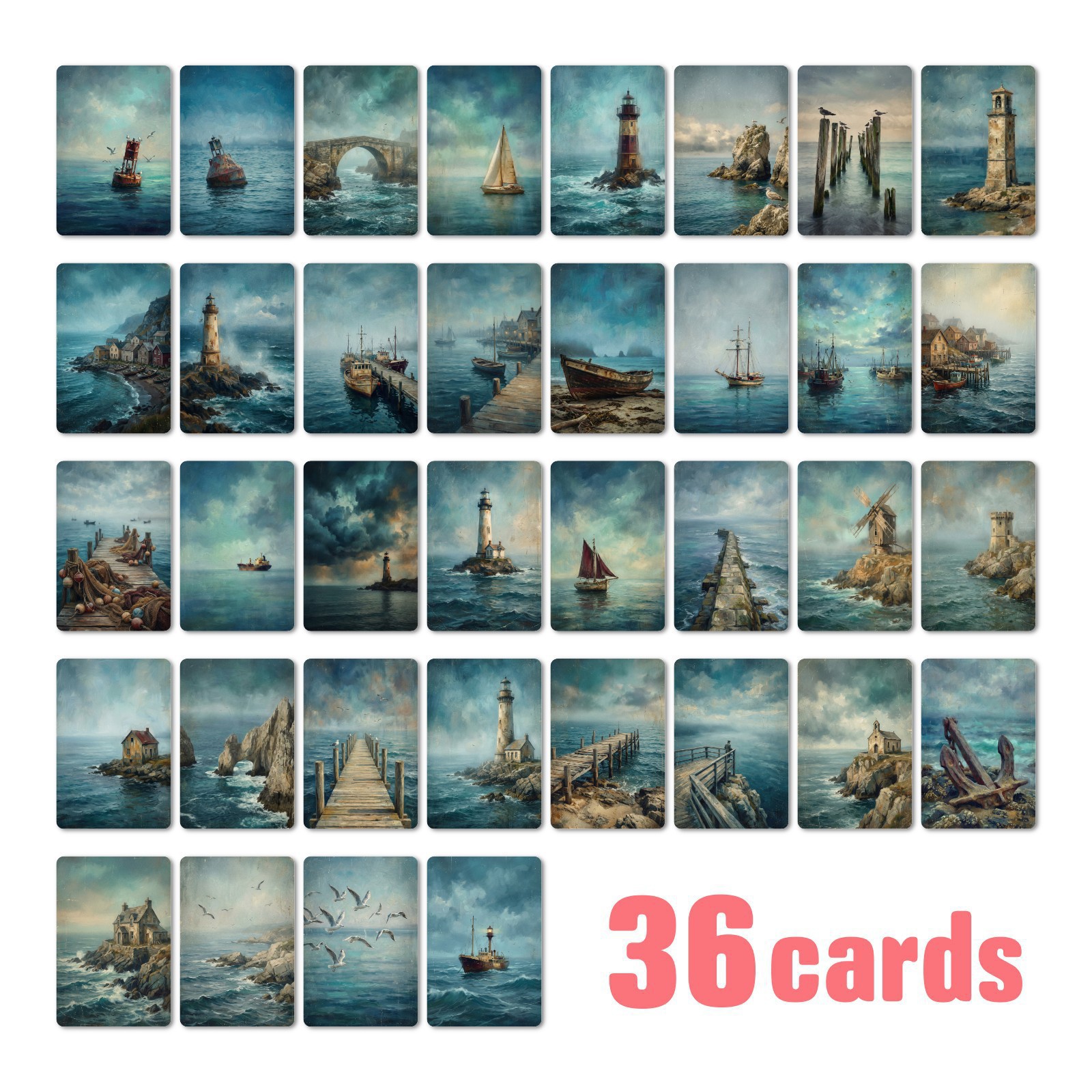36 Pieces of Oil Painting Style Lighthouse Sea View Cards, Vintage Distressed Ocean Scenery Cards, Decorative Materials for Journals, Wholesale