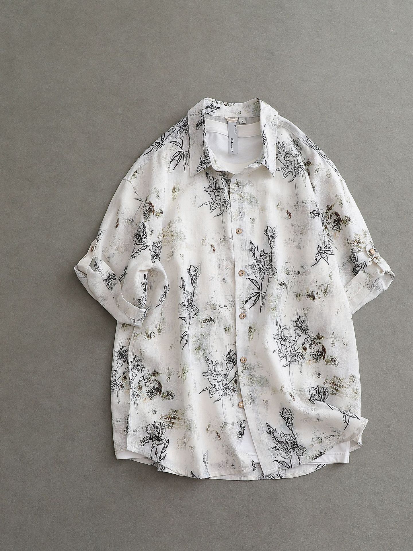 Men's 2025 Summer New Linen Printed Short-sleeved Shirt Casual Loose Men's Linen Half-sleeved Shirt 2001