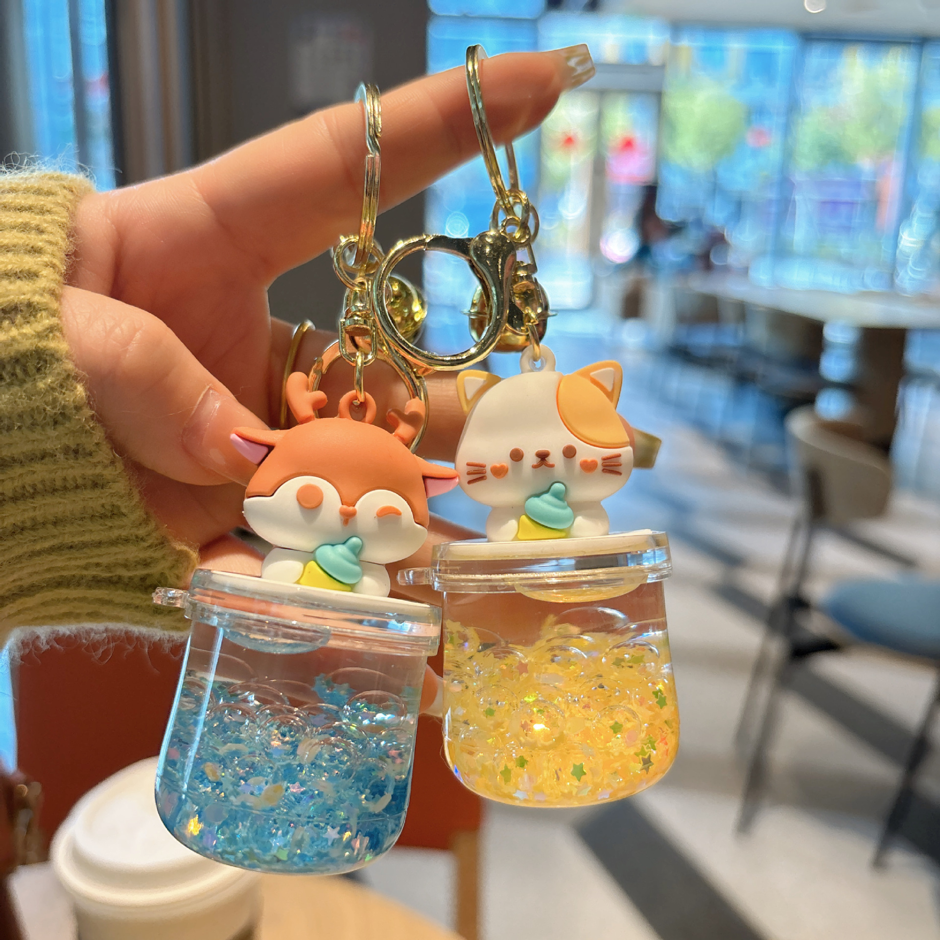 Creative Cartoon Big-Belly Cup Cute Pet Liquid Sand Bottle Keychain Small Animal Oil-Filled Small Gift Acrylic Bag Pendant