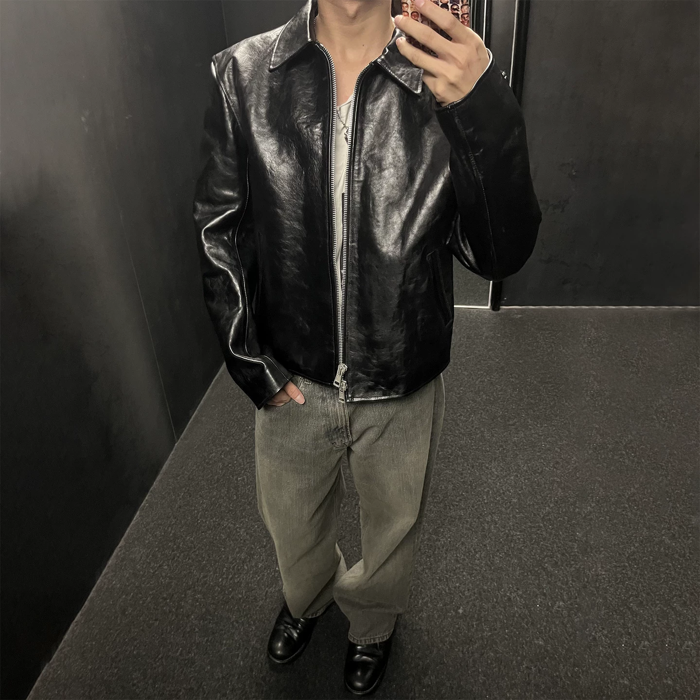 Our Legac Style Black Double-Zip Leather Jacket, Casual Loose Boxy Fit Biker Jacket