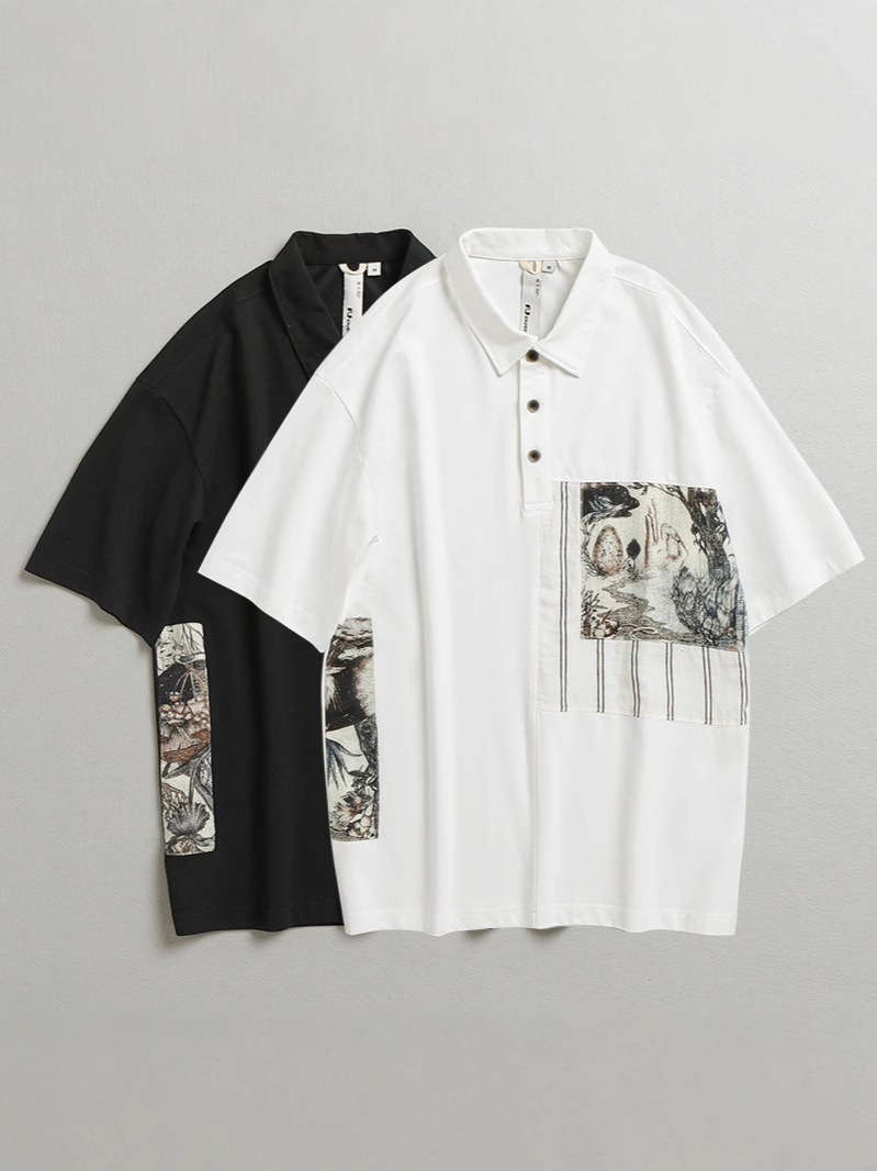 Japanese Retro Patch Casual Polo Shirt for Men, Summer New Fashion Loose Turn-Down Collar Short Sleeve Trendy Versatile T18