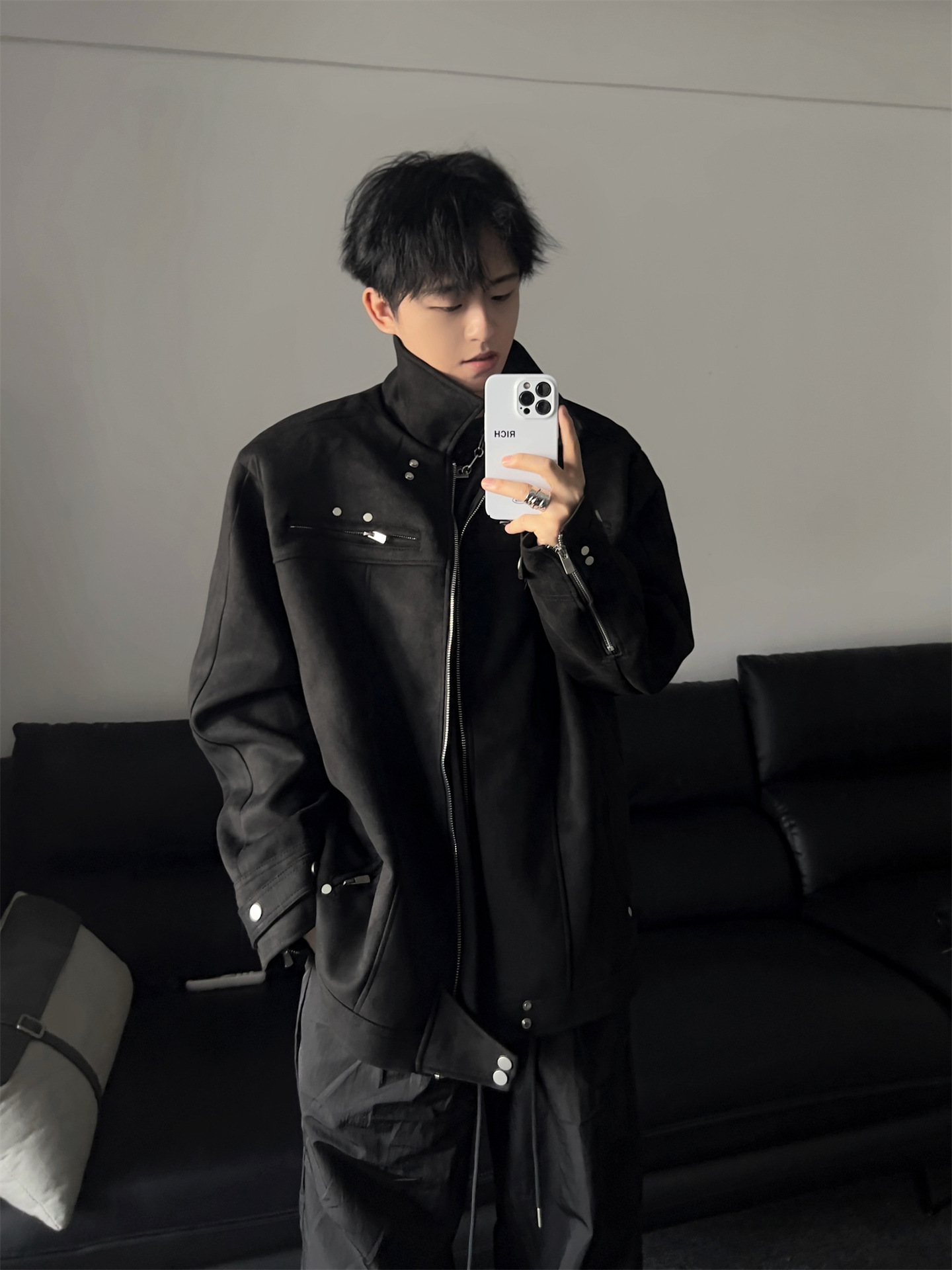 Suede deconstructed short coat men's spring and autumn American high street zipper motorcycle clothing pilot jacket