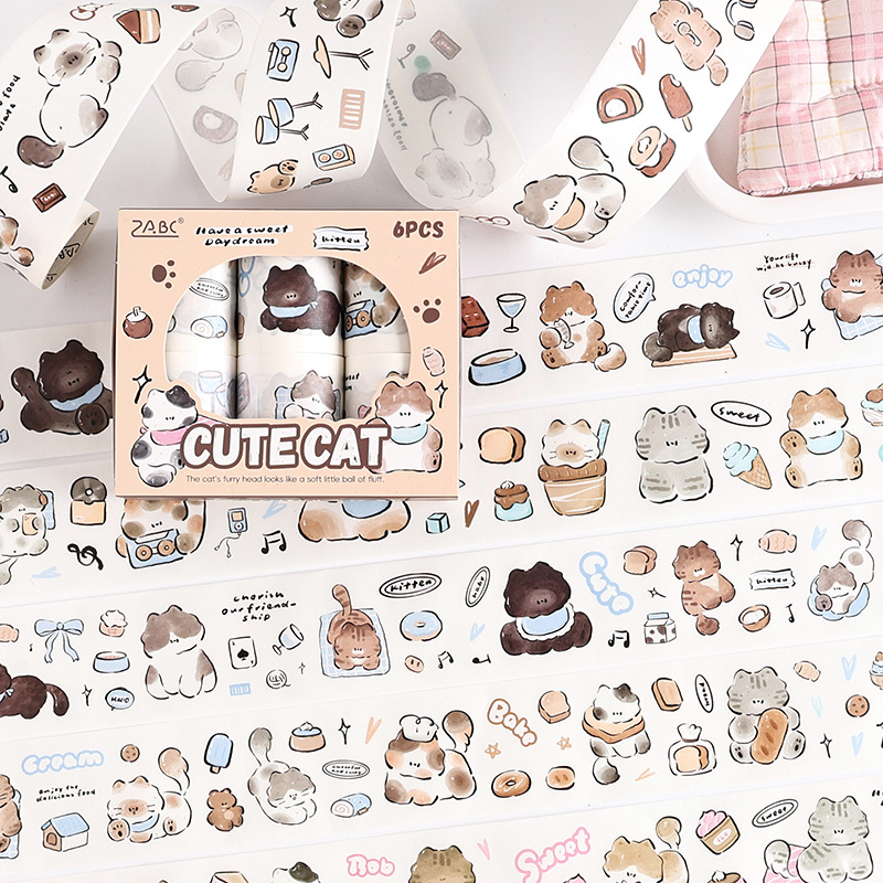 Zabc Cross-Border Cute Cat Diary Series Tape Set Box Handbook Decoration Collage Base 2 Styles