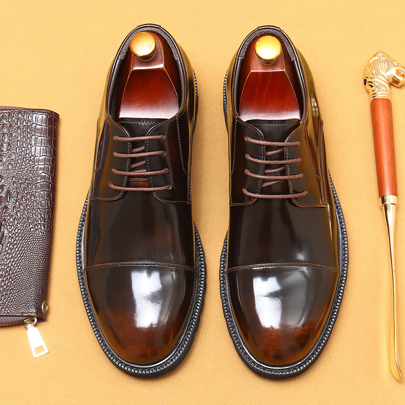 [vip for] formal leather shoes men's three joint leather cowhide business casual round head thick bottom bright men's shoes