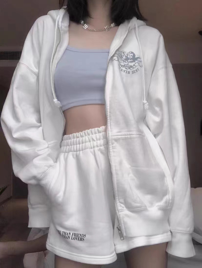 BM style new American retro angel print pattern zipper loose bm hooded sweater cardigan coat top