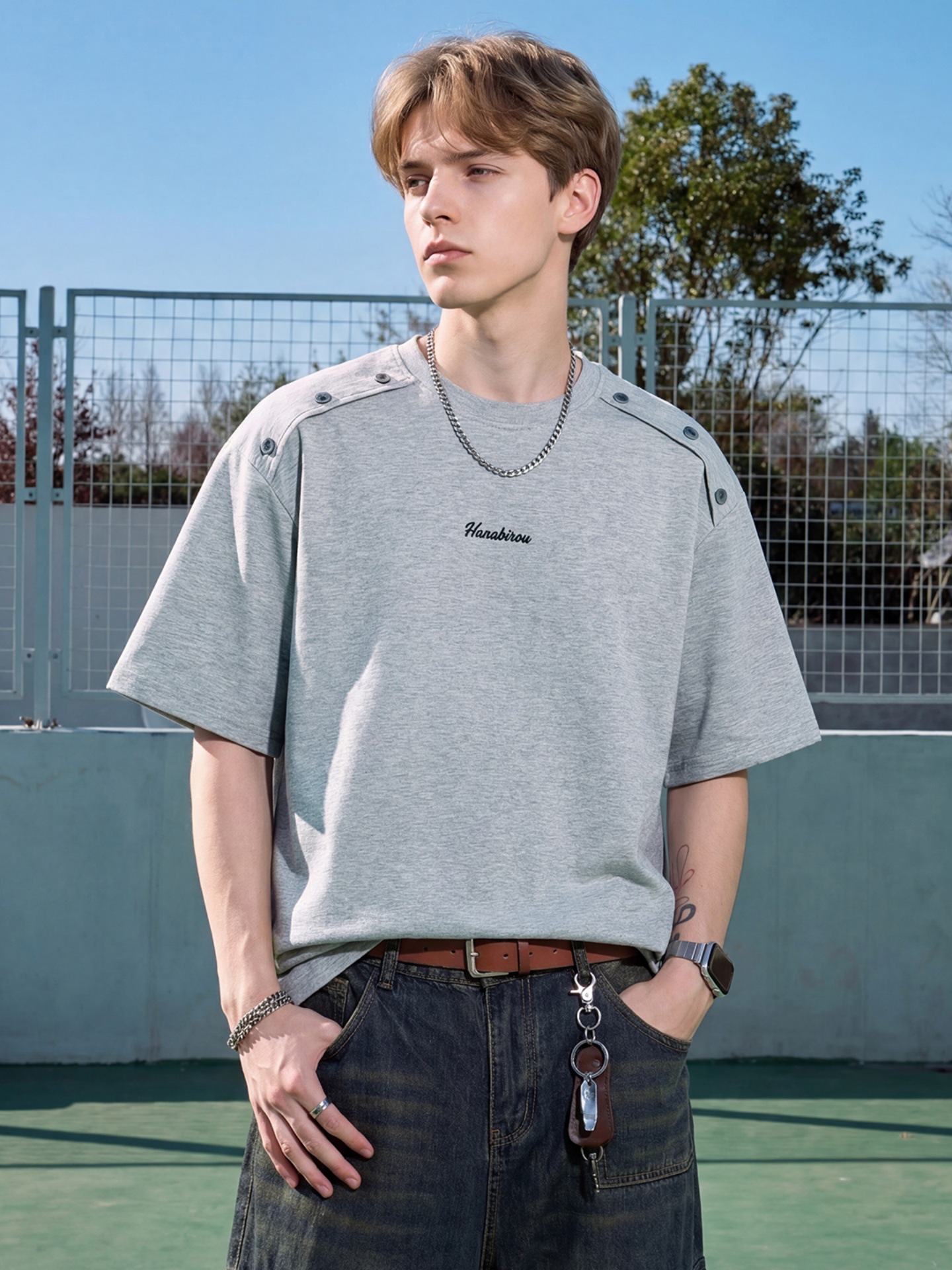 Highly Stylish American-Style Casual Short-Sleeve T-Shirt for Men, Summer Season, with Shoulder Button Closure, Simple Embroidered Design, Loose Fit