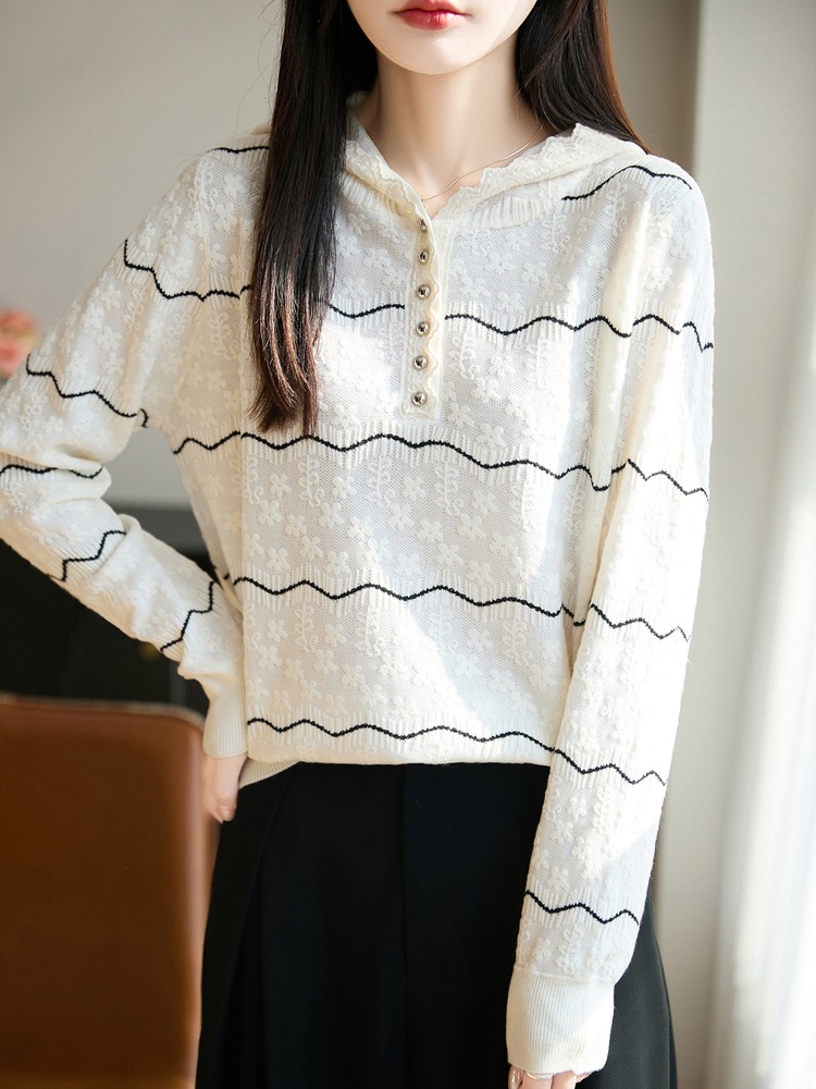 European Fashion Wool Striped Hooded Button Sweater 2026 Early Spring New Stylish Layered Base Shirt