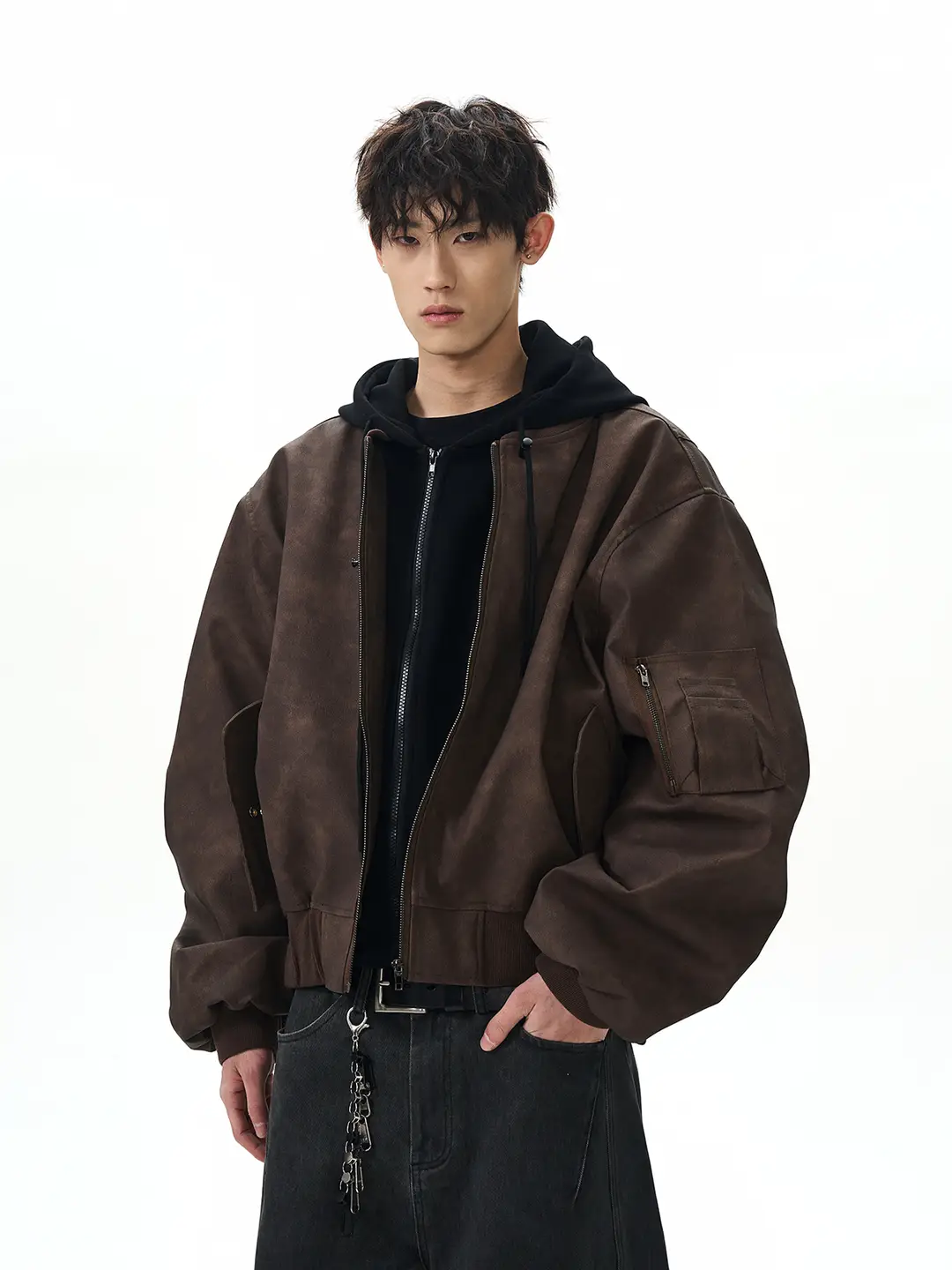 A Puee American retro Bomber Double Layer Fake Two-Piece Hooded Flight jacket Boxy Short Barn Wind Outwear