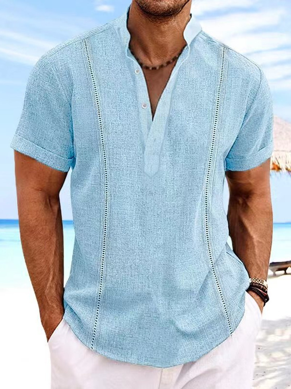 Cross-border Summer New Short-sleeved Collar Cotton and Linen Solid Color Stitching Shirt Beach Casual Sports Pullover Men