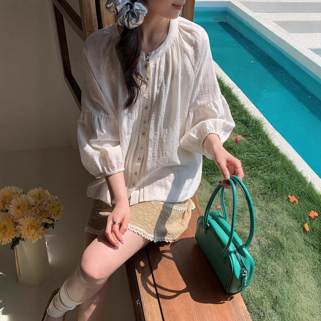 2026 New Style French Gentle Three-Quarter Sleeve Shirt, Simple Round Neck, Single-Breasted, Pleated, Versatile Loose Top for Women