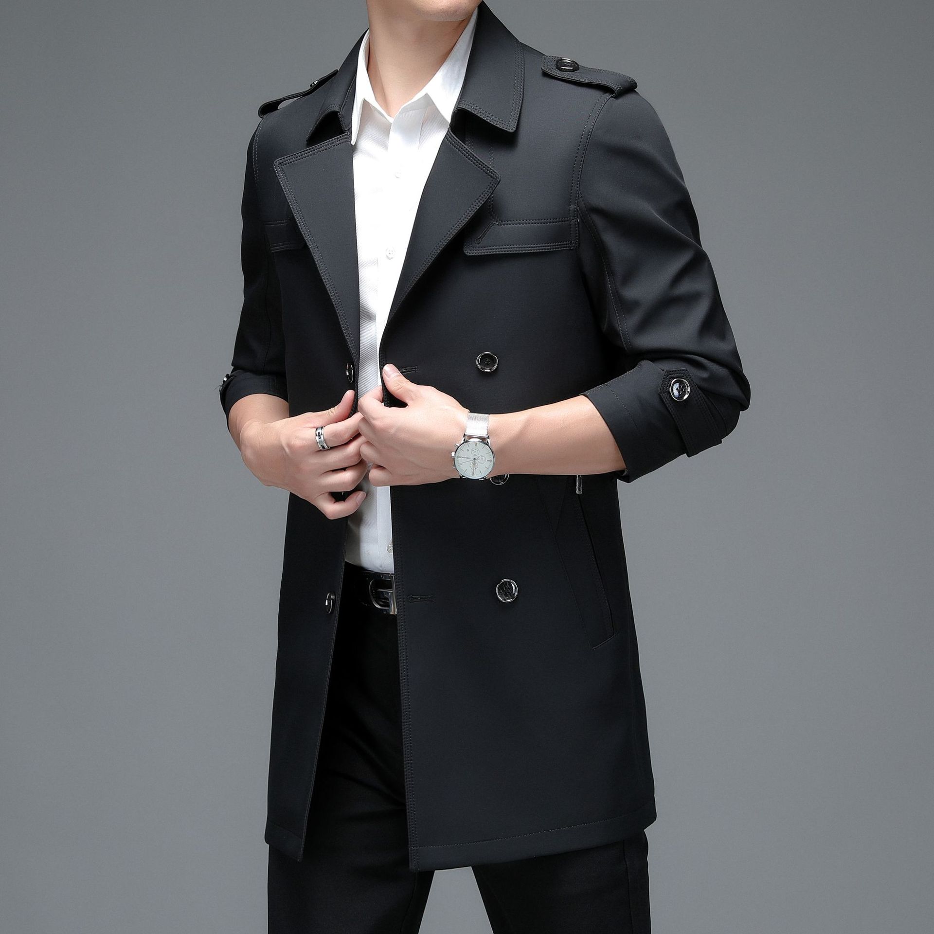 Men's Trench Coat 2025 New Autumn and Winter Suit Mid-Length Trench Coat Lapel Youth Business Casual Jacket Men's Trendy