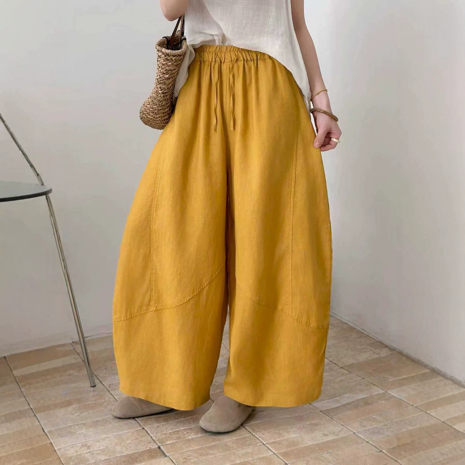 Japanese-Style Curved Hem Pants for Women, Summer Relaxed and Loose Elastic Waist Wide-Leg Pants, Casual Balloon Pants That Cover the Body