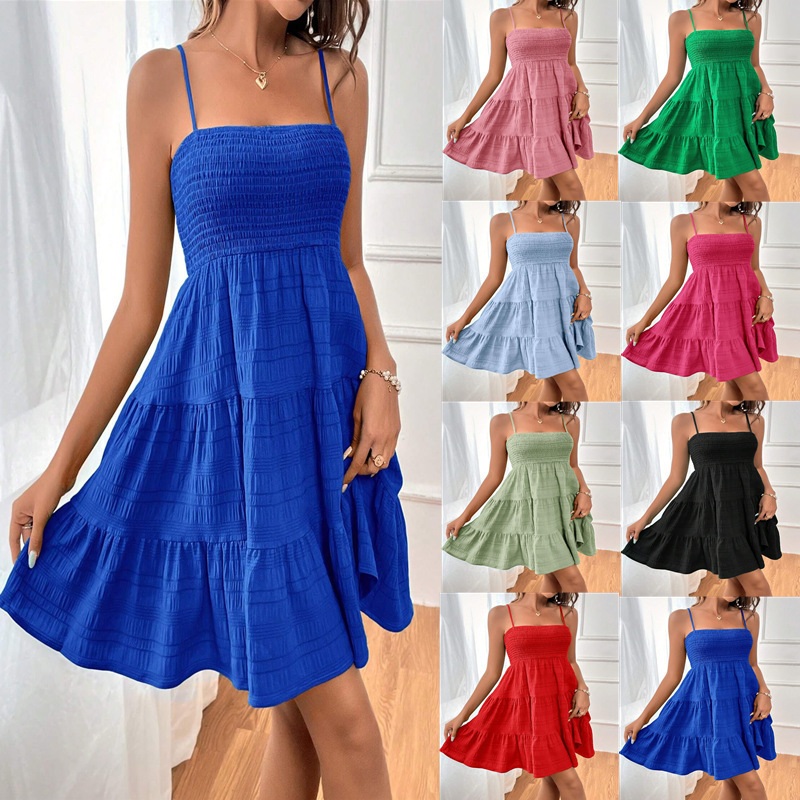 Amazon Cross-Border Women's Clothing Summer Off-Shoulder Spaghetti Strap Solid Color Versatile Dress High-Waisted Slimming Fairy Dress