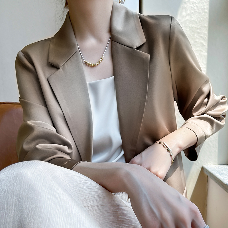 Silk Satin 2025 Spring/Summer Women's New Mid-length Loose Solid Color Elegant Thin Casual Sunscreen Suit Top