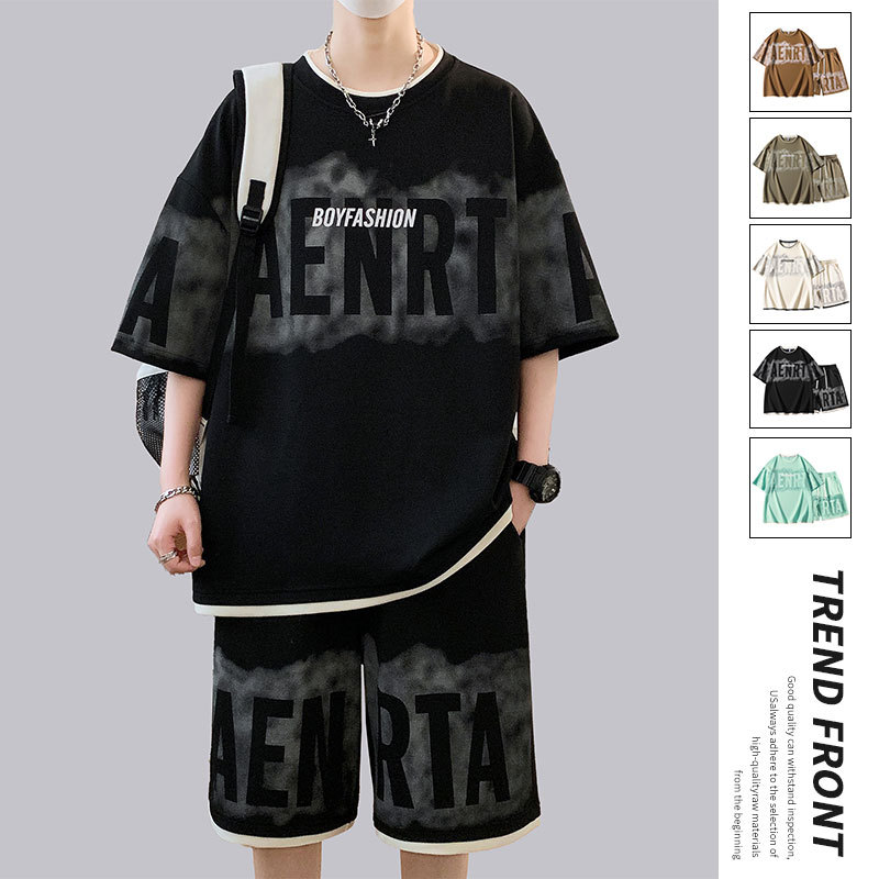 Casual suit Men's Summer Short-sleeved Shorts Trendy Printed Japanese Style Loose All-match Sports Design Two-piece Set