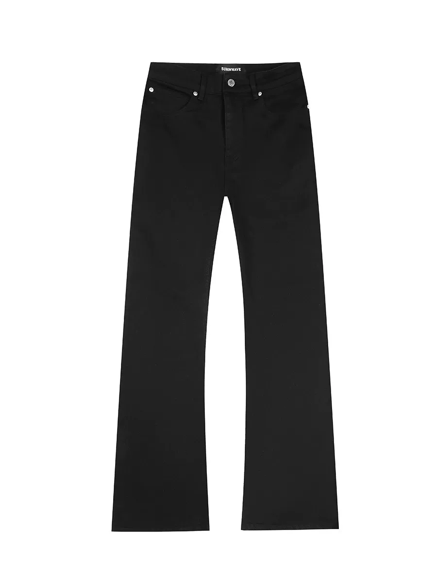 Suninwave All-Season Basic Versatile Stretchy Slim Fit Curved Hem Slightly Flared Textured Solid Black Denim Pants Trendy