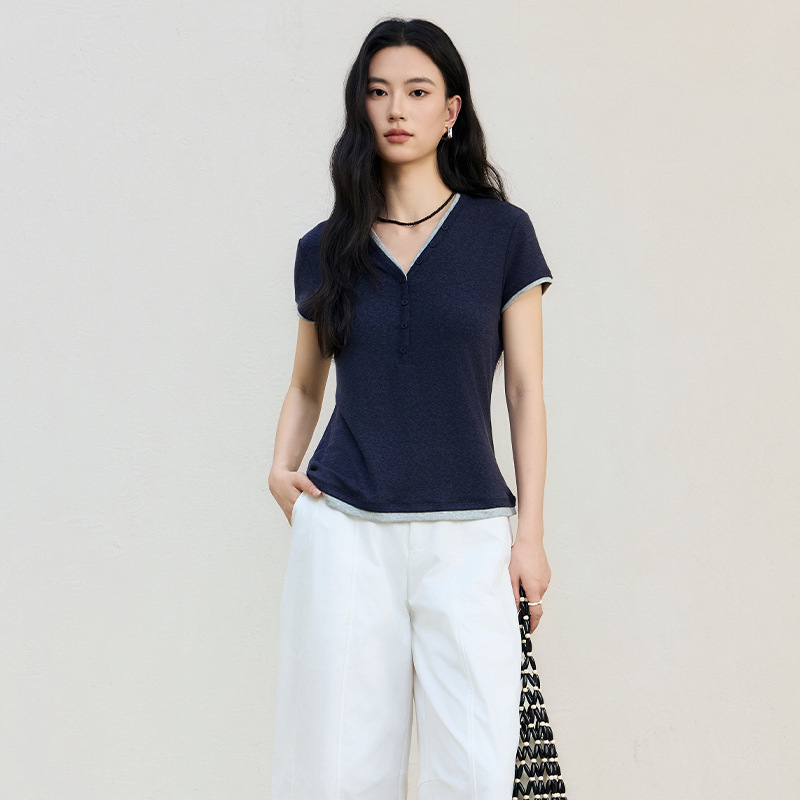 Tencel Linen Color-Blocked Design Short-Sleeve T-Shirt for Women, New Summer Style, Henley V-Neck, Slim Fit, Casual Top