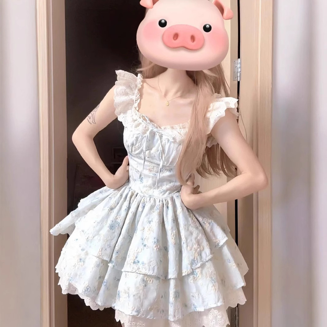 French Style Sweet Floral Small Fly Sleeve dress Summer New Arrival Dummy Sense Tight Waist Pure Desire Princess Pontoon Dress