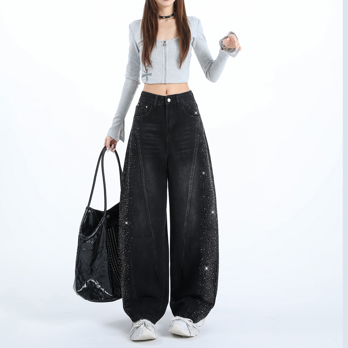2026 Spring New Starry Rhinestone High-Waisted Loose Wide-Leg Jeans for Women, Slimming Straight-Leg Floor-Length Pants