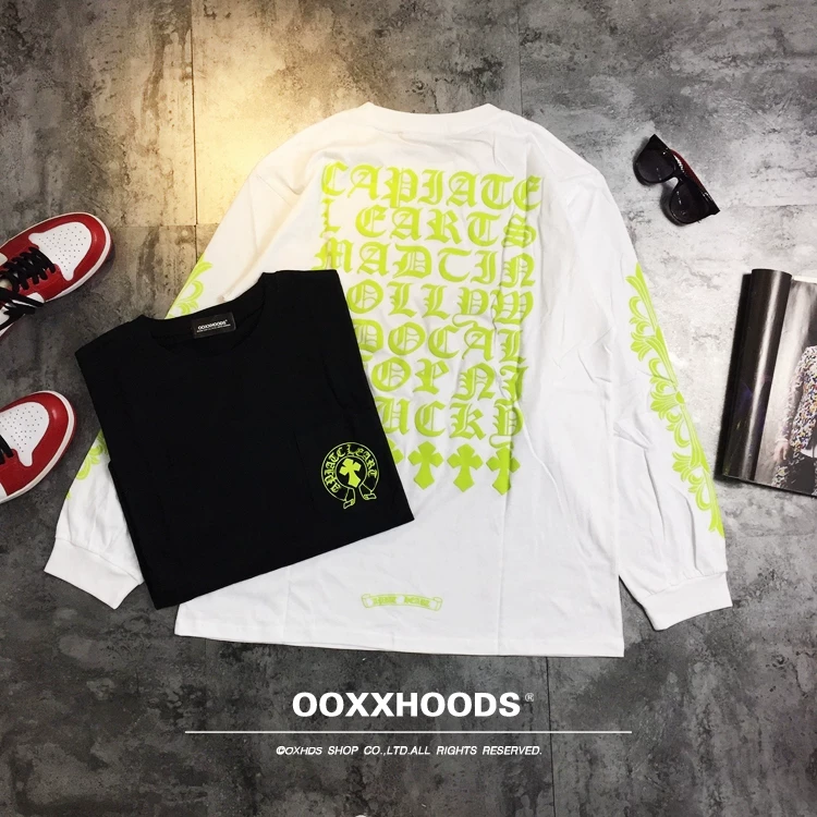 Personalized Trendy European and American Ins Lemon Fluorescent Green Gothic Scripture Flower Arm Loose Oversize Lazy Long Sleeve T-shirt