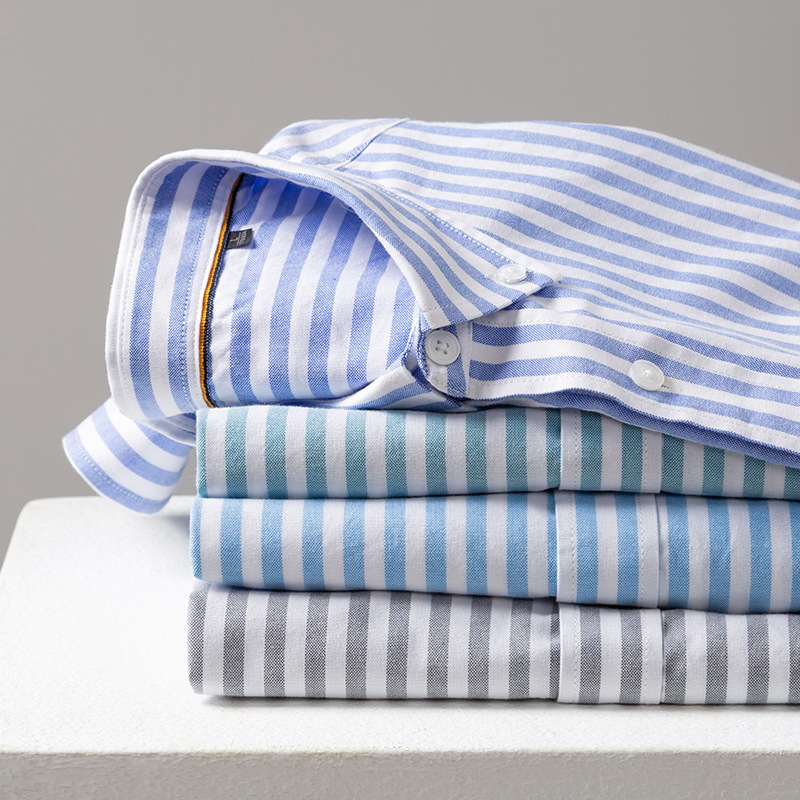 Spring New Striped Long-sleeved Shirt Contrast Color Casual Oxford Cotton Simple Inside and Outside Matching Shirt Men's Top