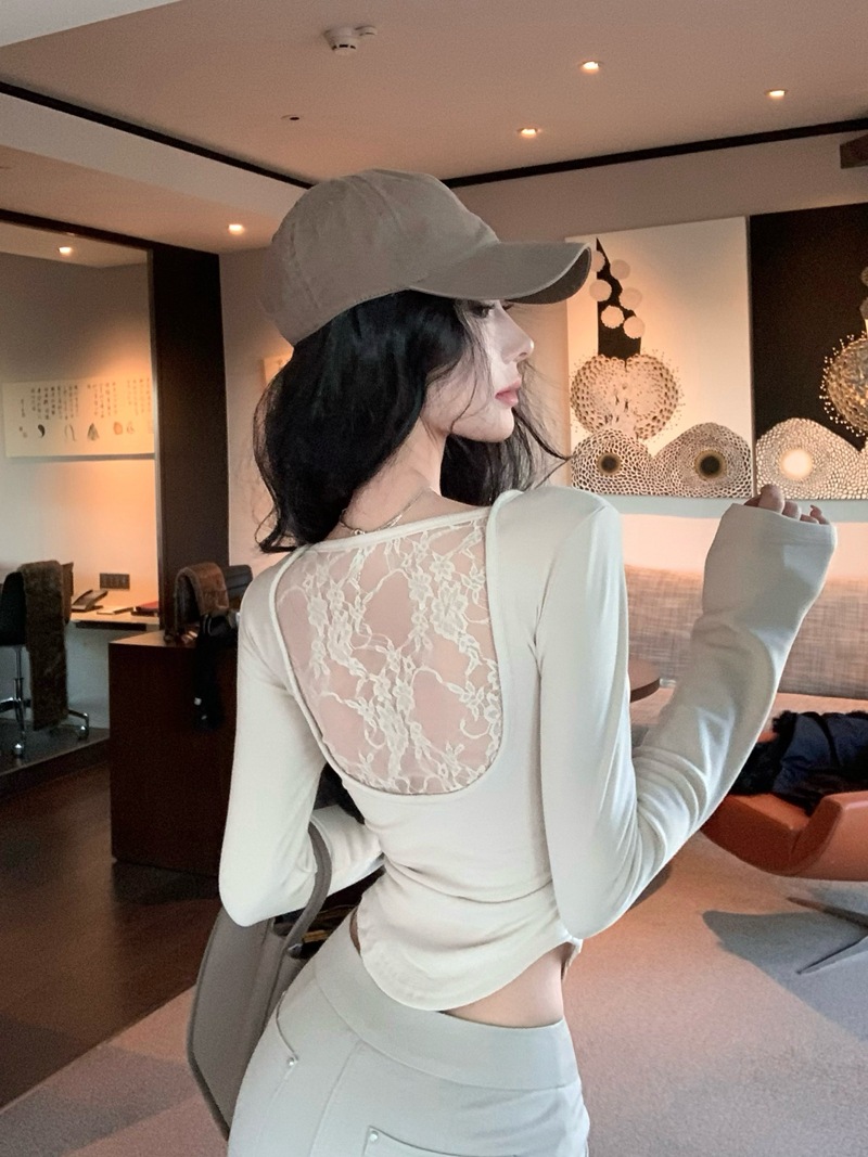 260g rayon lace stitching u-collar long sleeve T-shirt slim fit irregular thin short base shirt top