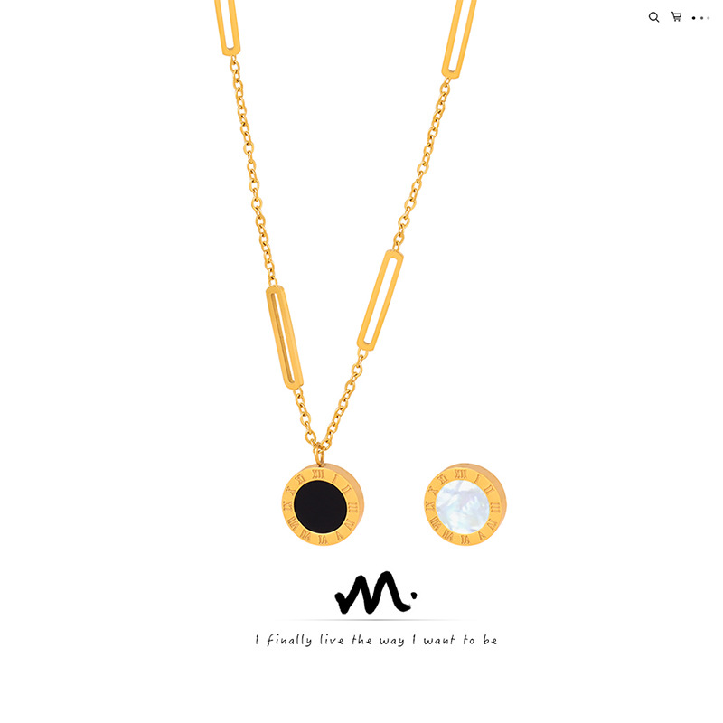 Cross-border new high-grade light luxury niche design personality simple titanium steel gold plated black and white mother shell necklace jewelry for women