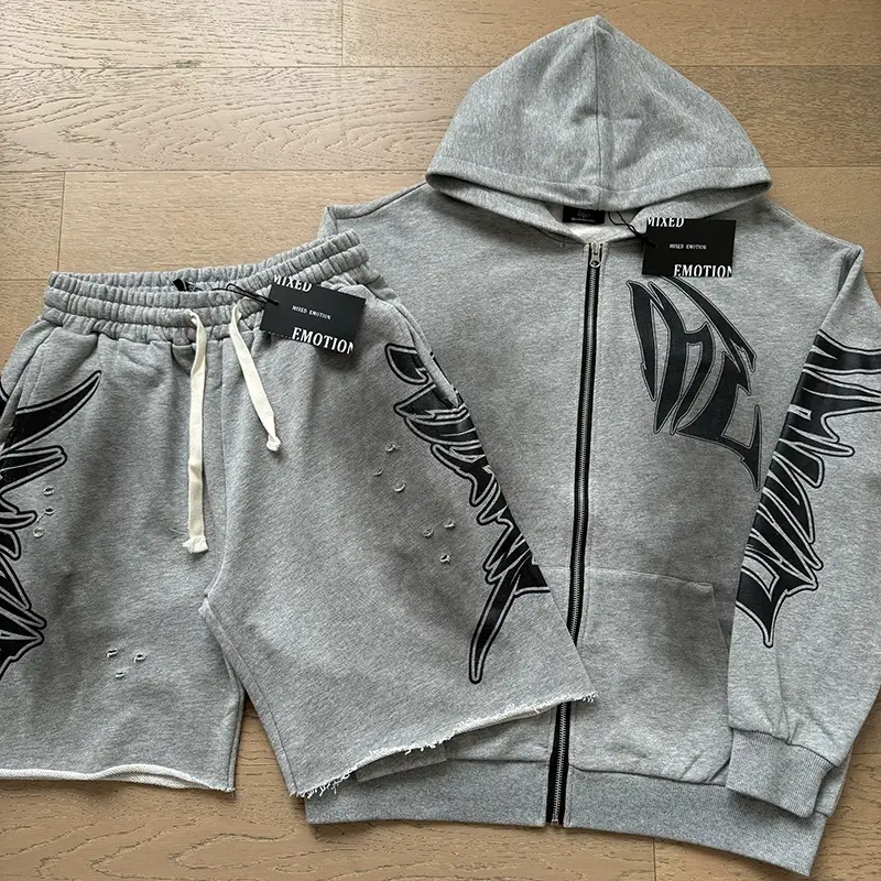 Meichao Mixed EMOTION distressed print cardigan hooded sweatshirt men's and women's casual shorts set ins