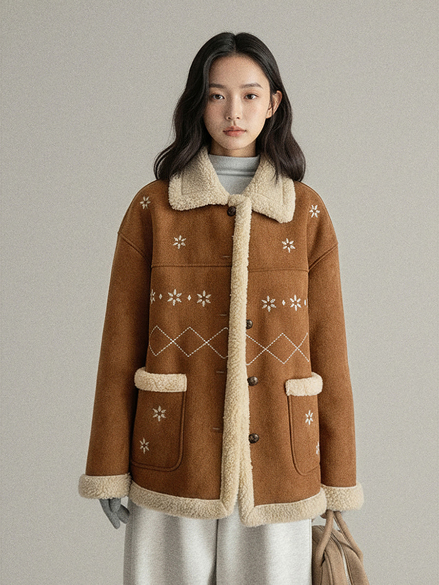 [Sea Street Diary] Goming Embroidered Faux Lamb Fur Lapel Jacket for Women Winter Fur-Integrated Coat N995C