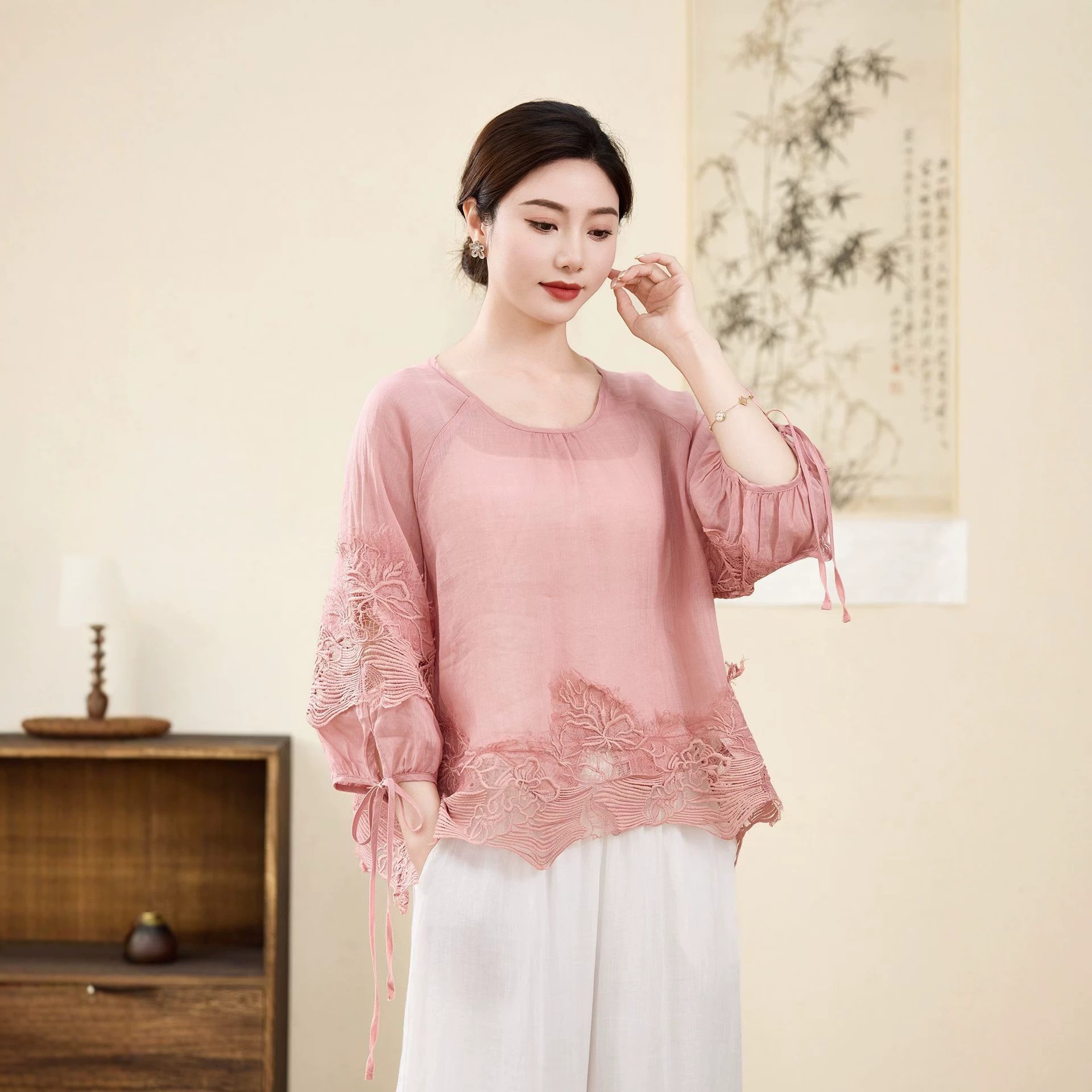 New Loose-Fitting Ramie Lace Hollow-Out Pullover Blouse, Solid Color Pullover Top, Women's T-Shirt