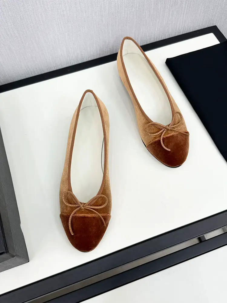 Classic Chanel Style Bow Ballet Shoes Women's 2024 New Velvet Face Contrast Color Round-toe All-match Flat Shoes