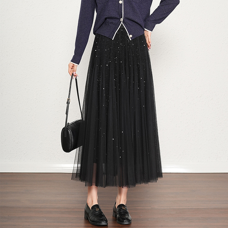 Sequin All-match Mesh Women's Skirt Women's 2025 Spring and Autumn New Pleated Skirt Draped A- shape Large Swing Mid-length Skirt