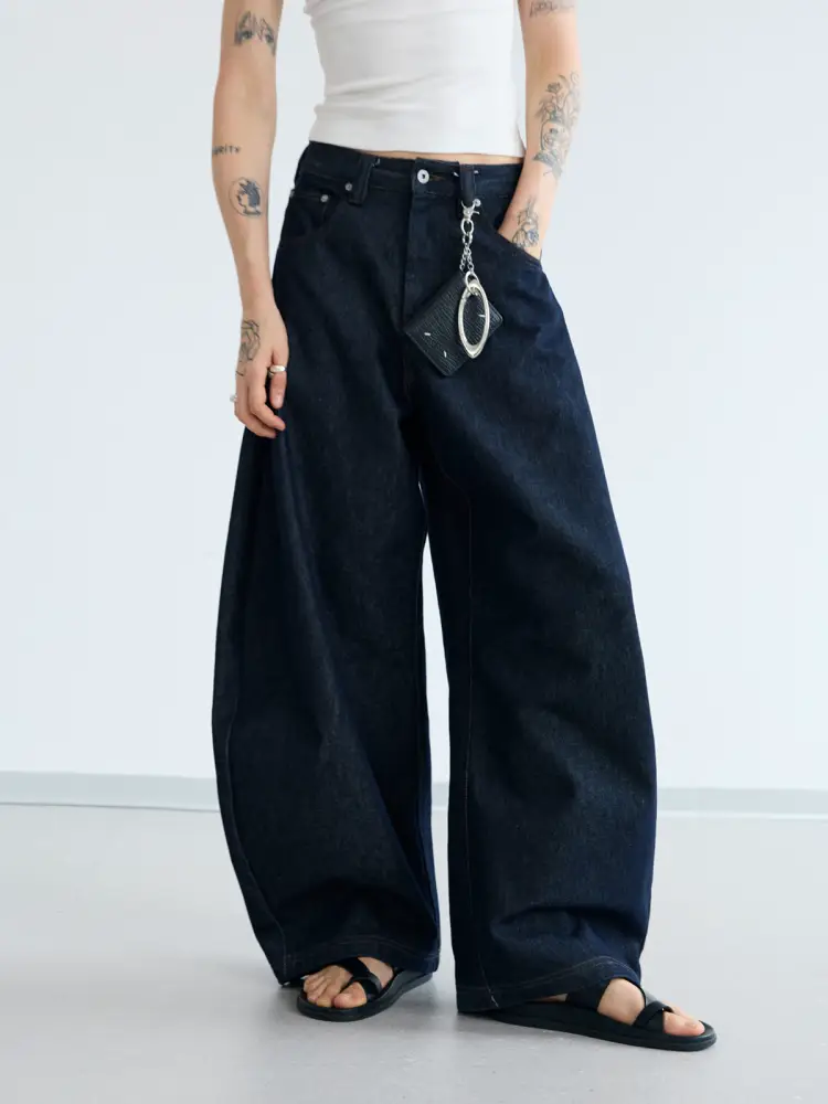 Peoplestyle Raw Denim Dark Blue Wide Leg Denim Retro Minimalist Loose Easiest for match Scimitar Pants