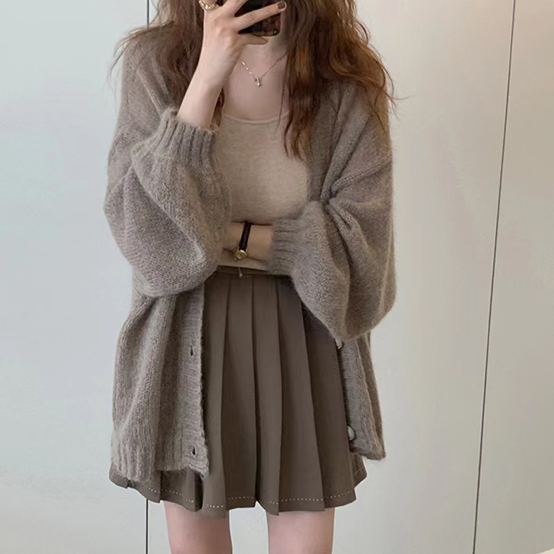 Mid-Length Lantern Sleeve Mohair Knit Cardigan for Women, Autumn Loose and Lazy Style Thin Shawl Outerwear